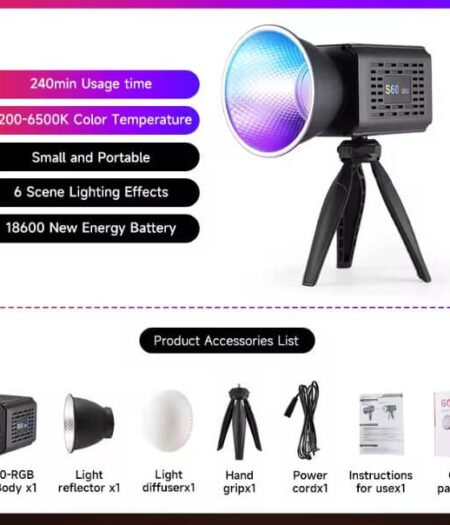 YM-S60 RGB COB Light – 18600mAh Rechargeable LED Video Light with 20 Effects