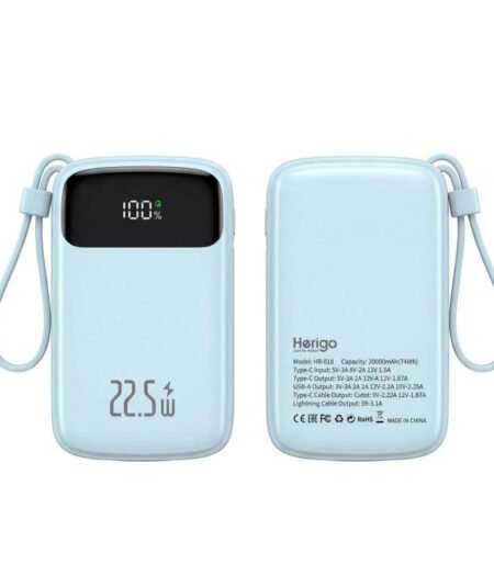 Herigo HR-018 Power Bank 20000mAh 22.5W Fast Charging with Built-in Cables & Digital Display