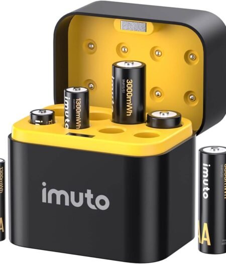 imuto TF-CD-010CE Rechargeable Lithium AA & AAA Batteries with Charger (8 Pack) – 1.5V Long Lasting Batteries with Smart Charging Storage Case