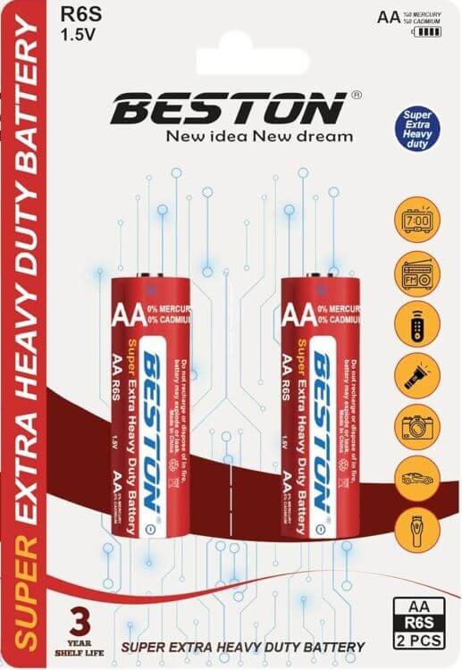 BESTON Extra Heavy Duty Zinc Carbon Batteries R6S AA BP2